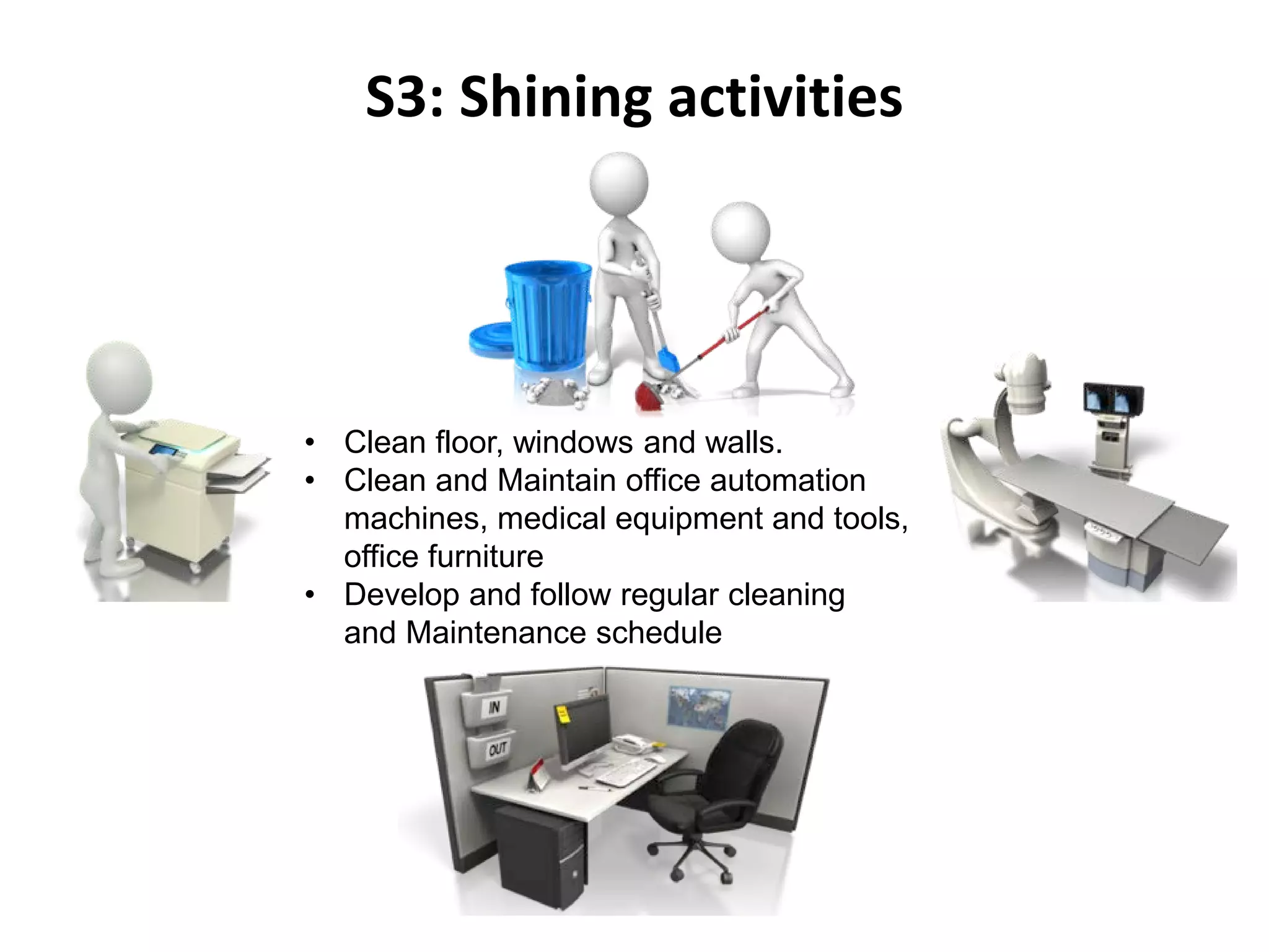S3: Shining activities
• Clean floor, windows and walls.
• Clean and Maintain office automation
machines, medical equipment and tools,
office furniture
• Develop and follow regular cleaning
and Maintenance schedule
 