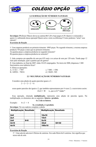 COLÉGIO OPÇÃO
                          2.2 SUBTRAÇÃO DE NÚMEROS NATURAIS




Investigue: Professor Marcio devia na cantina R$ 5,20 e hoje pagou 4,70. Quem é o minuendo e
quem é o subtraendo dessa operação?Quem seria o resto ou diferença? Como podemos “arma” esse
calculo?
Exercícios de fixação

1. Uma empresa produziu no primeiro trimestre 6905 peças. No segundo trimestre, a mesma empresa
produziu 765 peças a mais que no primeiro trimestre.
A) quantas peças a empresa produziu no segundo trimestre?
B) quantas peças a empresa produziu no semestre?

2. João comprou um aparelho de som por 635 reais e as caixas de som por 128 reais. Tendo pago 12
reais pela instalação, qual a quantia que ele gastou?
3. Uma indústria, no final de 2007, tinha 10 635 empregados. No inicio de 2008, dispensou 1 880
funcionários essa indústria ficou?
4. Efetue as operações:
A. 11 011 – 7 997                                c. 7 000 – 1 096
B. 140926 – 78016                                d. 2 0620 - 945

                       2.3 MULTIPLICAÇÃO DE NÚMEROS NATURAIS

   Considere uma adição de quatro parcelas iguais a 2 :
              2+2+2+2 =8

   essas quatro parcelas são iguais a 2, que também representamos por 4 vezes 2, e escrevemos assim:
                                      4x2 = 8      x , que se lê “ vezes “

  Essa operação, chamada multiplicação, representa uma adição de parcelas iguais. Na
multiplicação, os elementos são os seguintes: fatores e produto.
                                   4 e 2 são os fatores.
Exemplo:       4x2 = 8
                              8, o resultado, é o produto.
Investigue: No seu caderno complete a tabela:
 Multiplicação Resultado                  Multiplicação Resultado

2x0                                        10x10
2x1                                        12x3
2x8                 8+8                    5x16
2x14                                       32x2               32+32
4x15                                       100x10

Exercícios de fixação
   1º. Uma sala de aula tem 6 fileiras de carteiras. Em cada fileira há 8 carteiras. Isto significa que
   nessa sala de aula

                                                   101
                                                                                5ª Série – Matemática – 1º Semestre
 