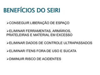 BENEFÍCIOS DO SEIRI
CONSEGUIR LIBERAÇÃO DE ESPAÇO

ELIMINAR FERRAMENTAS, ARMÁRIOS,
PRATELEIRAS E MATERIAL EM EXCESSO
ELIMINAR DADOS DE CONTROLE ULTRAPASSADOS
ELIMINAR ITENS FORA DE USO E SUCATA
DIMINUIR RISCO DE ACIDENTES

 