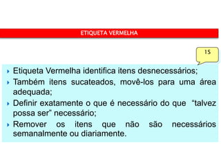 ETIQUETA VERMELHA
1S








Etiqueta Vermelha identifica itens desnecessários;
Também itens sucateados, movê-los para uma área
adequada;
Definir exatamente o que é necessário do que “talvez
possa ser” necessário;
Remover os itens que não são necessários
semanalmente ou diariamente.

 