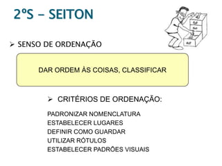 2ºS - SEITON
 SENSO DE ORDENAÇÃO

DAR ORDEM ÀS COISAS, CLASSIFICAR

 CRITÉRIOS DE ORDENAÇÃO:
PADRONIZAR NOMENCLATURA
ESTABELECER LUGARES
DEFINIR COMO GUARDAR
UTILIZAR RÓTULOS
ESTABELECER PADRÕES VISUAIS

 