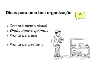 Dicas para uma boa organização


Gerenciamento Visual



Onde, oque e quantos



Pronto para uso



Pronto para retornar

2S

 