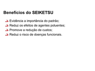 Benefícios do SEIKETSU
Evidência a importância do padrão;
Reduz os efeitos de agentes poluentes;
Promove a redução de custos;
Reduz o risco de doenças funcionais.

 