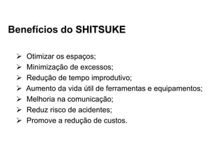 Benefícios do SHITSUKE








Otimizar os espaços;
Minimização de excessos;
Redução de tempo improdutivo;
Aumento da vida útil de ferramentas e equipamentos;
Melhoria na comunicação;
Reduz risco de acidentes;
Promove a redução de custos.

 