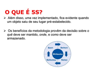 O QUE É 5S?
 Além disso, uma vez implementado, fica evidente quando
um objeto saiu de seu lugar pré-estabelecido.
 Os benefícios da metodologia provêm da decisão sobre o
quê deve ser mantido, onde, e como deve ser
armazenado.

 