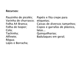 Recursos:
Pauzinho de picolés;
Varinha de churrasco;
Folha A4 Branca;
Folha de Isopor;
Cola;
Tachinha;
Alfinete;
Régua;
Lápis e Borracha;

Papéis e fita crepe para
etiquetas;
Caixas de diversos tamanhos;
Copos e garrafas de plástico,
latas...
Quinquilharias;
Badulaques em geral;

 