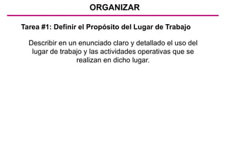 ORGANIZAR
Describir en un enunciado claro y detallado el uso del
lugar de trabajo y las actividades operativas que se
realizan en dicho lugar.
Tarea #1: Definir el Propósito del Lugar de Trabajo
 