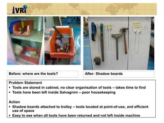 Before: where are the tools?
Problem Statement
 Tools are stored in cabinet, no clear organisation of tools – takes time to find
 Tools have been left inside Salvagnini – poor housekeeping
Action
 Shadow boards attached to trolley – tools located at point-of-use, and efficient use of space
 Easy to see when all tools have been returned and not left inside machine
After: Shadow boards
 