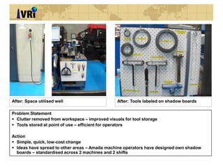 After: Space utilised well
Problem Statement
 Clutter removed from workspace – improved visuals for tool storage
 Tools stored at point of use – efficient for operators
Action
 Simple, quick, low-cost change
 Ideas have spread to other areas – Amada machine operators have designed own shadow boards –
standardised across 2 machines and 2 shifts
After: Tools labeled on shadow boards
 