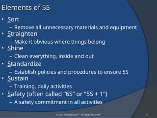 © 2007 Superfactory™. All Rights Reserved. 5
Elements of 5S
Elements of 5S
• Sort
– Remove all unnecessary materials and equipment
• Straighten
– Make it obvious where things belong
• Shine
– Clean everything, inside and out
• Standardize
– Establish policies and procedures to ensure 5S
• Sustain
– Training, daily activities
• Safety (often called “6S” or “5S + 1”)
– A safety commitment in all activities
 