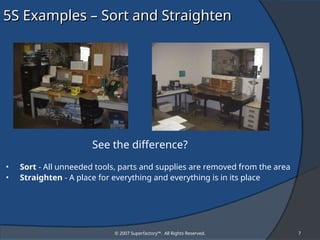 © 2007 Superfactory™. All Rights Reserved. 7
5S Examples – Sort and Straighten
5S Examples – Sort and Straighten
See the difference?
• Sort - All unneeded tools, parts and supplies are removed from the area
• Straighten - A place for everything and everything is in its place
 