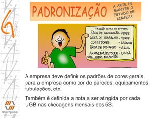 A empresa deve definir os padrões de cores gerais
para a empresa como cor de paredes, equipamentos,
tubulações, etc.
Também é definida a nota a ser atingida por cada
UGB nas checagens mensais dos 5S.
 
