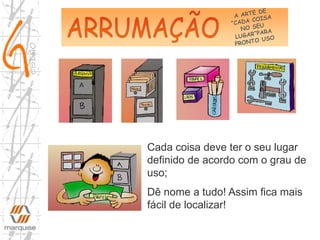 Cada coisa deve ter o seu lugar
definido de acordo com o grau de
uso;
Dê nome a tudo! Assim fica mais
fácil de localizar!
 