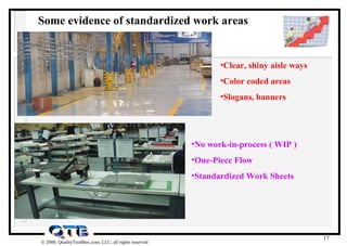 Some evidence of standardized work areas Clear, shiny aisle ways Color coded areas Slogans, banners No work-in-process ( WIP ) One-Piece Flow Standardized Work Sheets 