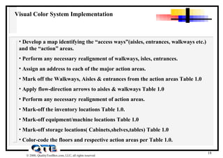Visual Color System Implementation Develop a map identifying the “access ways”(aisles, entrances, walkways etc.)  and the “action” areas. Perform any necessary realignment of walkways, isles, entrances. Assign an address to each of the major action areas. Mark off the Walkways, Aisles & entrances from the action areas Table 1.0 Apply flow-direction arrows to aisles & walkways Table 1.0 Perform any necessary realignment of action areas. Mark-off the inventory locations Table 1.0. Mark-off equipment/machine locations Table 1.0 Mark-off storage locations( Cabinets,shelves,tables) Table 1.0 Color-code the floors and respective action areas per Table 1.0.  