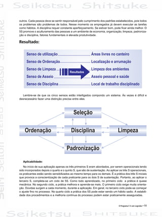 O Programa 5 S sem segredos • 11
outros. Cada pessoa deve se sentir responsável pelo cumprimento dos padrões estabelecidos, pois todos
os problemas são problemas de todos. Nesse momento os empregados já devem executar as tarefas
como hábitos. A disciplina requer constante aperfeiçoamento. Se estiver bom, pode ficar ainda melhor. O
5S promove o aculturamento das pessoas a um ambiente de economia, organização, limpeza, padroniza-
ção e disciplina, fatores fundamentais à elevada produtividade.
Resultado:
Lembre-se de que os cinco sensos estão interligados compondo um sistema. Às vezes é difícil e
desnecessário fazer uma distinção precisa entre eles.
Aplicabilidade:
No início de sua aplicação apenas os três primeiros S eram abordados, por serem operacionais tendo
sido incorporados depois o quarto e o quinto S, que são de sustentação. Ao aplicar os três S operacionais,
os praticantes estão sendo sensibilizados ao mesmo tempo para os demais. É a prática dos três S iniciais
que provoca a conscientização de cada praticante para os dois S de sustentação. Portanto, ao aplicar o
terceiro S, completa-se um ciclo de 5S. Como todo aprendizado, no primeiro ciclo a prática é quase
mecânica. No segundo ciclo, a prática melhora e aprende-se mais. O primeiro ciclo exige muita orienta-
ção. Dúvidas surgem a cada momento, durante a aplicação. Em geral, no terceiro ciclo pode-se começar
o ajuste fino no processo. No quarto ciclo a prática dos 5S pode estar sendo um hábito sadio. A estabili-
dade dos procedimentos e a melhoria contínua do processo podem estar praticamente asseguradas.
 