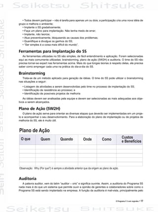 O Programa 5 S sem segredos • 17
• Todos devem participar – não é tarefa para apenas um ou dois; a participação cria uma nova idéia de
grupo e melhora o ambiente;
• Implante o 5S gradativamente;
• Faça um plano para implantação. Não tenha medo de errar;
• Implante, não teorize;
• Atue preventivamente, bloqueando as causas dos problemas;
• Quantifique e divulgue os ganhos do 5S;
• “Ser simples é a coisa mais difícil do mundo”.
Ferramentas para Implantação do 5S
As ferramentas utilizadas no 5S são simples, de fácil entendimento e aplicação. Foram selecionadas
aqui as mais comumente utilizadas: brainstorming, plano de ação (5W2H) e auditoria. O time do 5S não
precisa tornar-se expert nas ferramentas acima. Mais do que longas teorias à respeito delas, ele precisa
saber como empregar cada uma na prática do dia-a-dia do 5S.
Brainstorming
Trata-se de um método aplicado para geração de idéias. O time do 5S pode utilizar o brainstorming
nas situações a seguir:
• Listagem de atividades a serem desenvolvidas pelo time no processo de implantação do 5S;
• Identificação de resistência ao processo; e
• Identificação de possíveis projetos de melhoria
As idéias devem ser analisadas pela equipe e devem ser selecionadas as mais adequadas aos obje-
tivos a serem alcançados.
Plano de Ação (5W2H)
O plano de ação serve para orientar as diversas etapas que deverão ser implementadas em um proje-
to e acompanhar o seu desenvolvimento. Para a elaboração do plano de implantação ou de projetos de
melhoria do 5S, ele é muito útil.
Auditoria
A palavra auditor, vem do latim “auditor – oris” e significa ouvinte. Assim, a auditoria do Programa 5S
nada mais é do que um sistema que permite ouvir a opinião de gerentes e colaboradores sobre como o
Programa 5S está sendo implantado na empresa. A função da auditoria é mal-vista, principalmente pelo
 