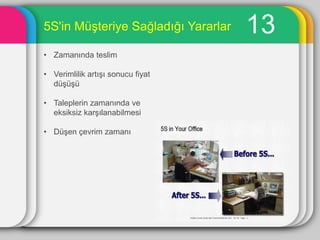 5S'in MüĢteriye Sağladığı Yararlar   13
• Zamanında teslim

• Verimlilik artıĢı sonucu fiyat
  düĢüĢü

• Taleplerin zamanında ve
  eksiksiz karĢılanabilmesi

• DüĢen çevrim zamanı
 