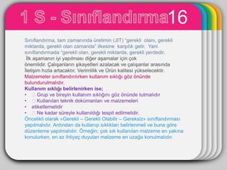 16
                         WINTER
Sınıflandırma, tam zamanında üretimin (JIT) “gerekli olanı, gerekli
miktarda, gerekli olan zamanda” ilkesine karĢılık gelir. Yani
                           Template
sınıflandırmada “gerekli olan, gerekli miktarda, gerekli yerdedir.
 Ġlk aĢamanın iyi yapılması diğer aĢamalar için çok
önemlidir. ÇalıĢanların Ģikayetleri azalacak ve çalıĢanlar arasında
ĠletiĢim hızla artacaktır. Verimlilik ve Ürün kalitesi yükselecektir.
Malzemeler sınıflandırılırken kullanım sıklığı göz önünde
bulundurulmalıdır.
Kullanım sıklığı belirlenirken ise;
• Grup ve bireyin kullanım sıklığını göz önünde tutmalıdır
• Kullanılan teknik dokümanları ve malzemeleri
• etiketlemelidir
• Ne kadar süreyle kullanıldığı tespit edilmelidir.
Öncelikli olarak «Gerekli – Gerekli Olabilir – Gereksiz» sınıflandırması
yapılmalıdır. Ardından da kullanıp sıklıkları belirlenmeli ve buna göre
düzenleme yapılmalıdır. Örneğin; çok sık kullanılan malzeme en yakına
konulurken, en az ihtiyaç duyulan malzeme en uzağa konulmalıdır.
 