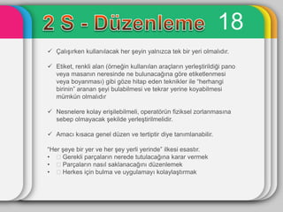18
 ÇalıĢırken kullanılacak her Ģeyin yalnızca tek bir yeri olmalıdır.

 Etiket, renkli alan (örneğin kullanılan araçların yerleĢtirildiği pano
  veya masanın neresinde ne bulunacağına göre etiketlenmesi
  veya boyanması) gibi göze hitap eden teknikler ile “herhangi
  birinin” aranan Ģeyi bulabilmesi ve tekrar yerine koyabilmesi
  mümkün olmalıdır

 Nesnelere kolay eriĢilebilmeli, operatörün fiziksel zorlanmasına
  sebep olmayacak Ģekilde yerleĢtirilmelidir.

 Amacı kısaca genel düzen ve tertiptir diye tanımlanabilir.

“Her Ģeye bir yer ve her Ģey yerli yerinde” ilkesi esastır.
• Gerekli parçaların nerede tutulacağına karar vermek
• Parçaların nasıl saklanacağını düzenlemek
• Herkes için bulma ve uygulamayı kolaylaĢtırmak
 