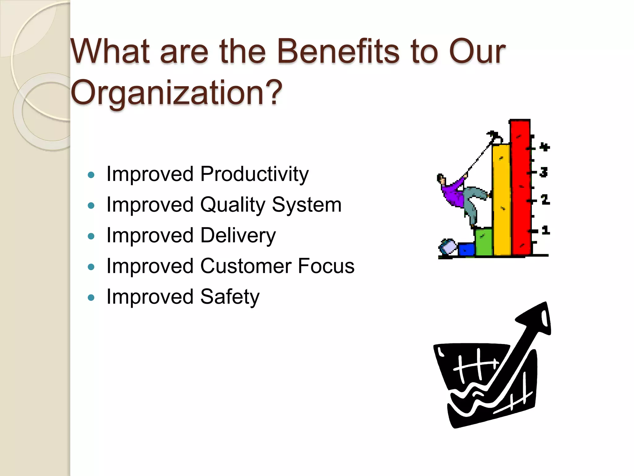 What are the Benefits to Our
Organization?
 Improved Productivity
 Improved Quality System
 Improved Delivery
 Improved Customer Focus
 Improved Safety
 