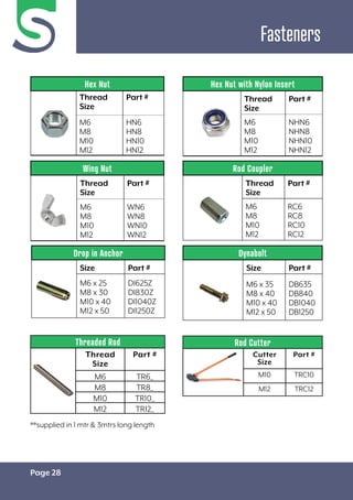 Page 28
Threaded Rod
Thread
Size
Part #
M6 TR6_
M8 TR8_
M10 TR10_
M12 TR12_
Rod Cutter
Cutter
Size
Part #
M10 TRC10
M12 TRC12
**supplied in 1 mtr & 3mtrs long length
Fasteners
Hex Nut with Nylon Insert
Thread
Size
Part #
M6
M8
M10
M12
NHN6
NHN8
NHN10
NHN12
Hex Nut
Thread
Size
Part #
M6
M8
M10
M12
HN6
HN8
HN10
HN12
Wing Nut
Thread
Size
Part #
M6
M8
M10
M12
WN6
WN8
WN10
WN12
Rod Coupler
Thread
Size
Part #
M6
M8
M10
M12
RC6
RC8
RC10
RC12
Dynabolt
Size Part #
M6 x 35
M8 x 40
M10 x 40
M12 x 50
DB635
DB840
DB1040
DB1250
Drop in Anchor
Size Part #
M6 x 25
M8 x 30
M10 x 40
M12 x 50
DI625Z
DI830Z
DI1040Z
DI1250Z
 