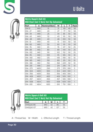 Page 30
U Bolts
Metric Round U Bolt Kit
Mild Steel (incl 2 Nuts) Hot Dip Galvanised
Part A Nominal Bore W L T Pack
D14-21 M10 15 21 65 40 50
D14 - 27 M10 20 27 77 50 50
D14 - 34 M10 25 34 85 50 50
D14 - 43 M10 32 43 93 50 50
D14 - 48 M10 40 48 100 50 50
D14 - 51 M10 40 51 103 50 50
D14 - 60 M10 50 60 110 50 50
D14 - 76 M12 65 76 127 50 25
D14 - 89 M12 80 89 140 50 25
D14 - 102 M12 90 102 152 50 25
D14 - 115 M12 100 115 165 50 10
D14 - 140 M12 125 140 190 50 10
D14 - 165 M12 150 165 215 50 10
D14 - 168 M12 150 168 220 50 10
D14 - 219 M16 200 219 295 75 10
D14 - 273 M20 250 273 370 100 5
D14 - 324 M20 300 324 420 100 1
D14 - 356 M20 350 356 455 100 1
D14 - 406 M20 400 406 505 100 1
D14 - 457 M24 450 457 555 100 1
D14 - 508 M24 500 508 605 100 1
D14 - 610 M24 600 610 710 100 1
Metric Square U Bolt Kit
Mild Steel (incl 2 Nuts) Hot Dip Galvanised
Part A W L T
D14SQ42-86 M10 42 86 55
D14SQ42-127 M10 42 127 55
A = Thread Size W = Width L = Effective Length T = Thread Length
 