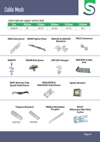 Page 9
Cable Mesh
Load in kg/m per support centres (mm)
Size 1500mm 1750mm 2000mm 2250mm 2500mm
DM600 115 84.75 64.84 52.25 41.5
DMTB41 DMTB21
DMS Side Joiner
DMKIT1
DMSP Splice Plate
DMSB Bolt Joiner
TRCC Fasteners
DMCEPG Cable
Exit
DMU20 & DMU30
Brackets
DM UFA Hanger
Spider Bracket
DMELU Bendable
Coupler
BCUT
Offset Jaw Bolt Wire
Cutter
DMU4008 &
DMU4010 Hold Down
DWC Batman Clip
Quick Hold Down
Trapeze Brackets
 
