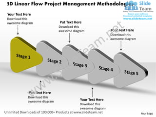 3D Linear Flow Project Management Methodologies
Your Text Here
Download this
awesome diagram               Put Text Here
                              Download this
                              awesome diagram               Your Text Here
                                                            Download this
                                                            awesome diagram




             Put Text Here
            Download this
            awesome diagram               Your Text Here
                                          Download this
                                          awesome diagram
                                                                              Your Logo
 