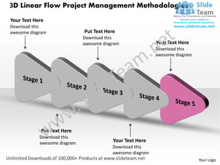 3D Linear Flow Project Management Methodologies
Your Text Here
Download this
awesome diagram               Put Text Here
                              Download this
                              awesome diagram               Your Text Here
                                                            Download this
                                                            awesome diagram




             Put Text Here
            Download this
            awesome diagram               Your Text Here
                                          Download this
                                          awesome diagram
                                                                              Your Logo
 