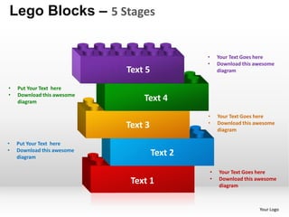 Lego Blocks – 5 Stages

                                              •       Your Text Goes here
                                              •       Download this awesome
                            Text 5                    diagram


•   Put Your Text here
•   Download this awesome
    diagram                     Text 4
                                              •       Your Text Goes here
                                              •
                            Text 3                    Download this awesome
                                                      diagram

•   Put Your Text here
•   Download this awesome
    diagram
                                     Text 2
                                                  •   Your Text Goes here
                                                  •
                             Text 1                   Download this awesome
                                                      diagram



                                                                     Your Logo
 