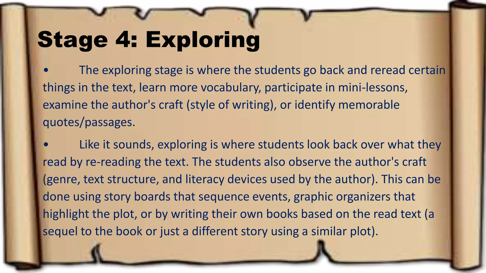 Stage 4: Exploring
• The exploring stage is where the students go back and reread certain
things in the text, learn more vocabulary, participate in mini-lessons,
examine the author's craft (style of writing), or identify memorable
quotes/passages.
• Like it sounds, exploring is where students look back over what they
read by re-reading the text. The students also observe the author's craft
(genre, text structure, and literacy devices used by the author). This can be
done using story boards that sequence events, graphic organizers that
highlight the plot, or by writing their own books based on the read text (a
sequel to the book or just a different story using a similar plot).
 