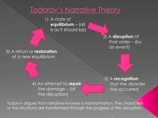 Todorov’s Narrative Theory A state of equilibrium – (all is as it should be) 2) A disruption of that order – (by an event) 5) A return or restoration of a new equilibrium  3) A recognition that the disorder has occurred 4) An attempt to repair the damage – (of the disruption) Todorov argues that narrative involves a transformation. The characters or the situations are transformed through the progress of the disruption. 