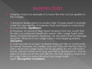Sweeney ToddSweeney Todd is an example of a horror film that can be applied to the 5 stages. 1) Benjamin Barker returns to London after 15 years arrest in Australia under the new identity of Sweeney Todd and hopes to come back to a normal life. (Equilibrium)2) However, on arrival of Fleet Street he learns from Mrs. Lovett that his wife Lucy poisoned herself with arsenic after Judge Turpin (who falsely charged Benjamin) raped her. He also learns that his teenage daughter Johanna is now Judge Turpin’s ward (legal guardian). (Disruption)3) Todd decides to re-open his Barber shop and tries to continue life as normal. However, he’s restless and can’t live with the fact that his wife is dead and Judge Turpin has his daughter. It’s not until Todd’s former assistant arrives at his shop and tries to blackmail him, that he takes his anger out on him and kills him. He then misses a chance to kill Judge Turpin by being disrupted and anger builds again.(Recognition of problem).