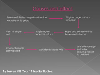Causes and effect Benjamin falsely charged and sent to Australia for 15 yearsOriginal anger, as he is innocentHope and excitement as he returns to LondonAnger again when he returnsVent his anger outLets everyone get justice by allowing himself to be killedInnocent people getting killedAccidently kills his wifeBy Lauren Hill. Year 12 Media Studies.