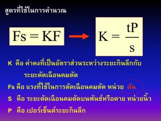Fs = KF
tP
K =
s
สูตรที่ใช้ในการคานวณ
K คือ ค่าคงที่เป็นอัตราส่วนระหว่างระยะกินลึกกับ
ระยะตัดเฉือนคมตัด
Fs คือ แรงที่ใช้ในการตัดเฉือนคมตัด หน่วย ตัน
S คือ ระยะตัดเฉือนคมตัดบนพันช์หรือดาย หน่วยนิ้ว
P คือ เปอร์เซ็นต์ระยะกินลึก
 