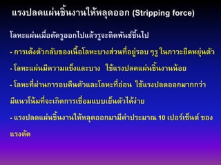 แรงปลดแผ่นชิ้นงานให้หลุดออก (Stripping force)
โลหะแผ่นเมื่อตัดรูออกไปแล้วรูจะติดพันช์ขึ้นไป
- การเด้งตัวกลับของเนื้อโลหะบางส่วนที่อยู่รอบๆรู ในภาวะยืดหยุ่นตัว
- โลหะแผ่นมีความแข็งและบาง ใช้แรงปลดแผ่นชิ้นงานน้อย
- โลหะที่ผ่านการอบคืนตัวและโลหะที่อ่อน ใช้แรงปลดออกมากกว่า
มีแนวโน้มที่จะเกิดการเชื่อมแบบเย็นตัวได้ง่าย
- แรงปลดแผ่นชิ้นงานให้หลุดออกมามีค่าประมาณ 10 เปอร์เซ็นต์ ของ
แรงตัด
 