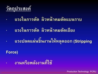 · แรงในการตัด ผิวหน้าคมตัดแบนราบ
· แรงในการตัด ผิวหน้าคมตัดเอียง
· แรงปลดแผ่นชิ้นงานให้หลุดออก (Stripping
Force)
· งานหรือพลังงานที่ใช้
Production Technology PCRU
วัตถุประสงค์
 