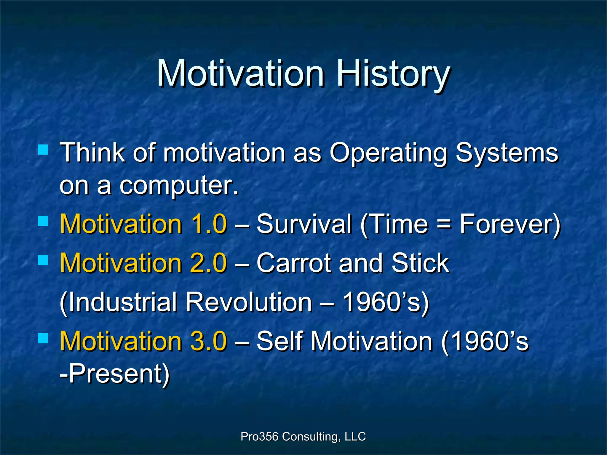 Pro356 Consulting, LLCPro356 Consulting, LLC
Motivation HistoryMotivation History
 Think of motivation as Operating SystemsThink of motivation as Operating Systems
on a computer.on a computer.
 Motivation 1.0Motivation 1.0 – Survival (Time = Forever)– Survival (Time = Forever)
 Motivation 2.0Motivation 2.0 – Carrot and Stick– Carrot and Stick
(Industrial Revolution – 1960’s)(Industrial Revolution – 1960’s)
 Motivation 3.0Motivation 3.0 – Self Motivation (1960’s– Self Motivation (1960’s
-Present)-Present)
 