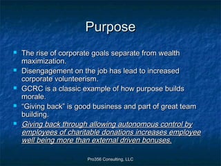 Pro356 Consulting, LLCPro356 Consulting, LLC
PurposePurpose
 The rise of corporate goals separate from wealthThe rise of ...