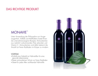 DAS RICHTIGE PRODUKT
MONAVIE
™
Unter Anwendung der Philosophie von Ausge-
wogenheit, Vielfalt und Maßhaltens bietet Ihnen
die unternehmenseigene Rezeptur Antioxidantien
aus natürlich vorkommenden Poly- phenolen und
Vitamin C. Antioxidantien sind dafür bekannt die
Anzahl an freien Radikalen im Körper zu mindern.
VORTEILE:
• Enthält eine Vielzahl an Nährstoffen für eine
gesunde Lebensweise
• Bietet antioxidativen Schutz vor freien Radikalen
• Bietet für jedes Alter wohltuende Nährstoffe
 