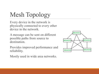 Mesh Topology
Every device in the network is
physically connected to every other
device in the network.
A message can be sent on different
possible paths from source to
destination.
Provides improved performance and
reliability.
Mostly used in wide area networks.
 