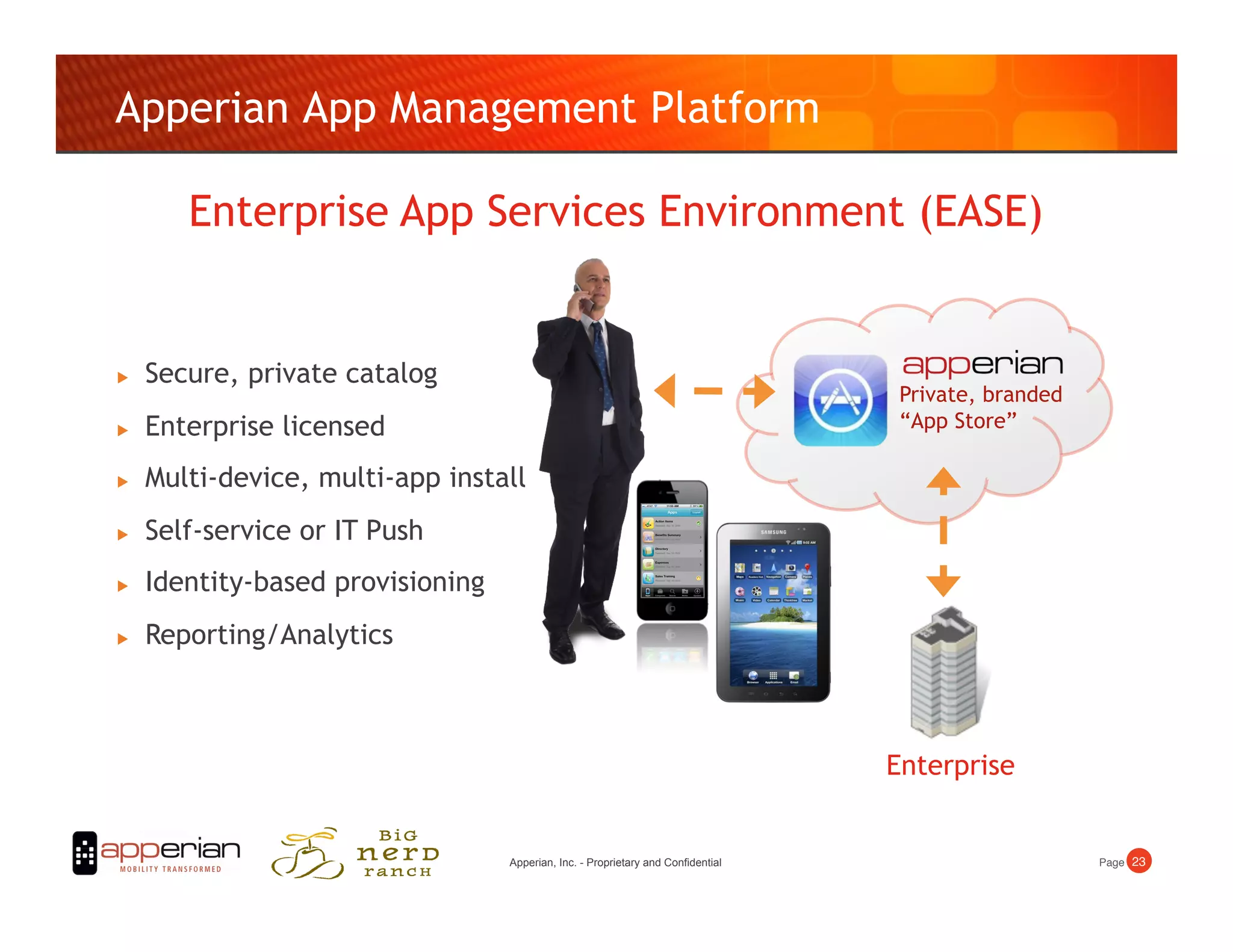 Apperian App Management Platform

        Enterprise App Services Environment (EASE)


    Secure, private catalog
                                                                                    Private, branded
    Enterprise licensed                                                            “App Store”

    Multi-device, multi-app install
    Self-service or IT Push
    Identity-based provisioning
    Reporting/Analytics



                                                                                   Enterprise


                                   Apperian, Inc. - Proprietary and Confidential                       Page! 23!
 