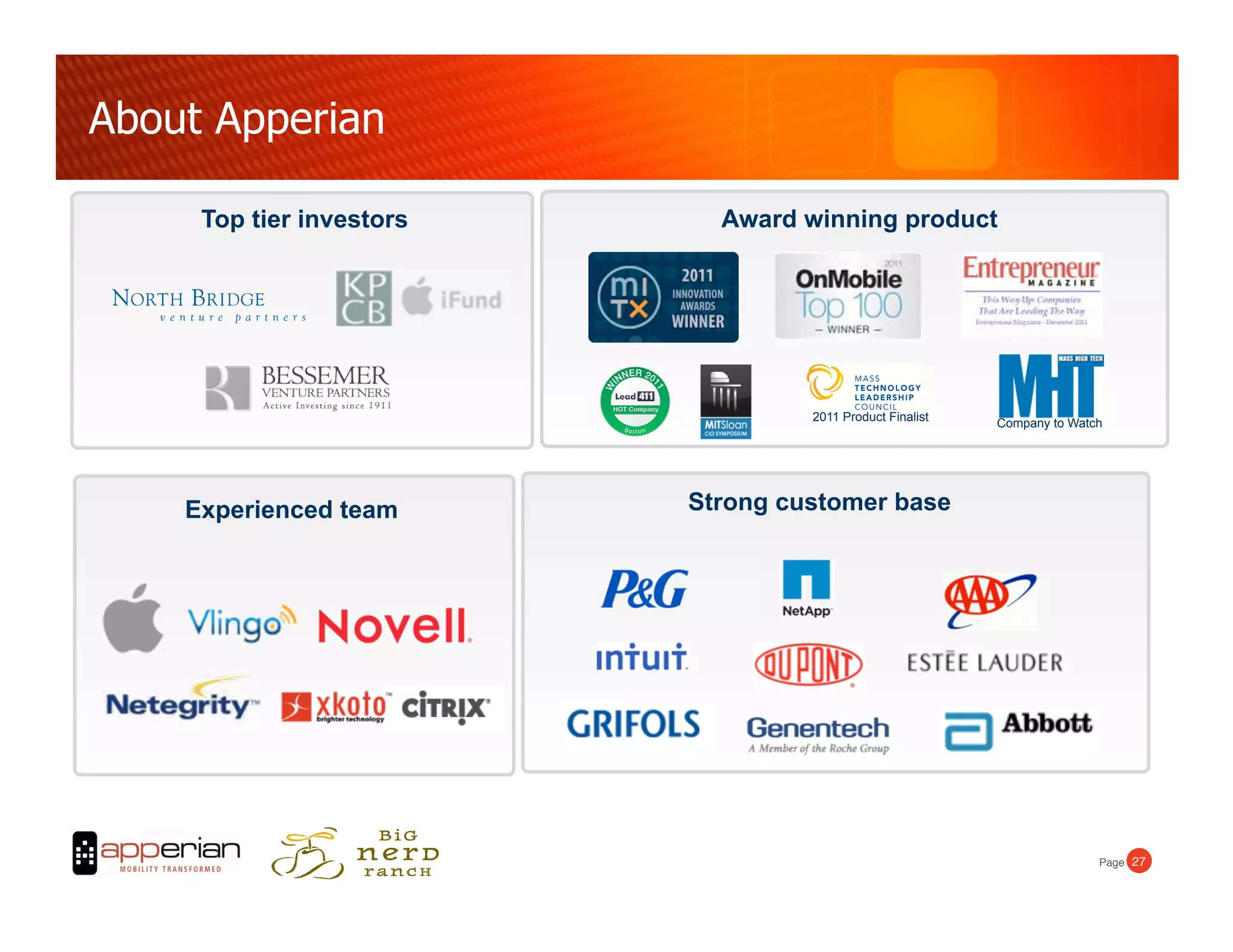 About Apperian

     Top tier investors     Award winning product




                                   2011 Product Finalist
                                                           Company to Watch




    Experienced team      Strong customer base




                                                                          Page! 27!
 