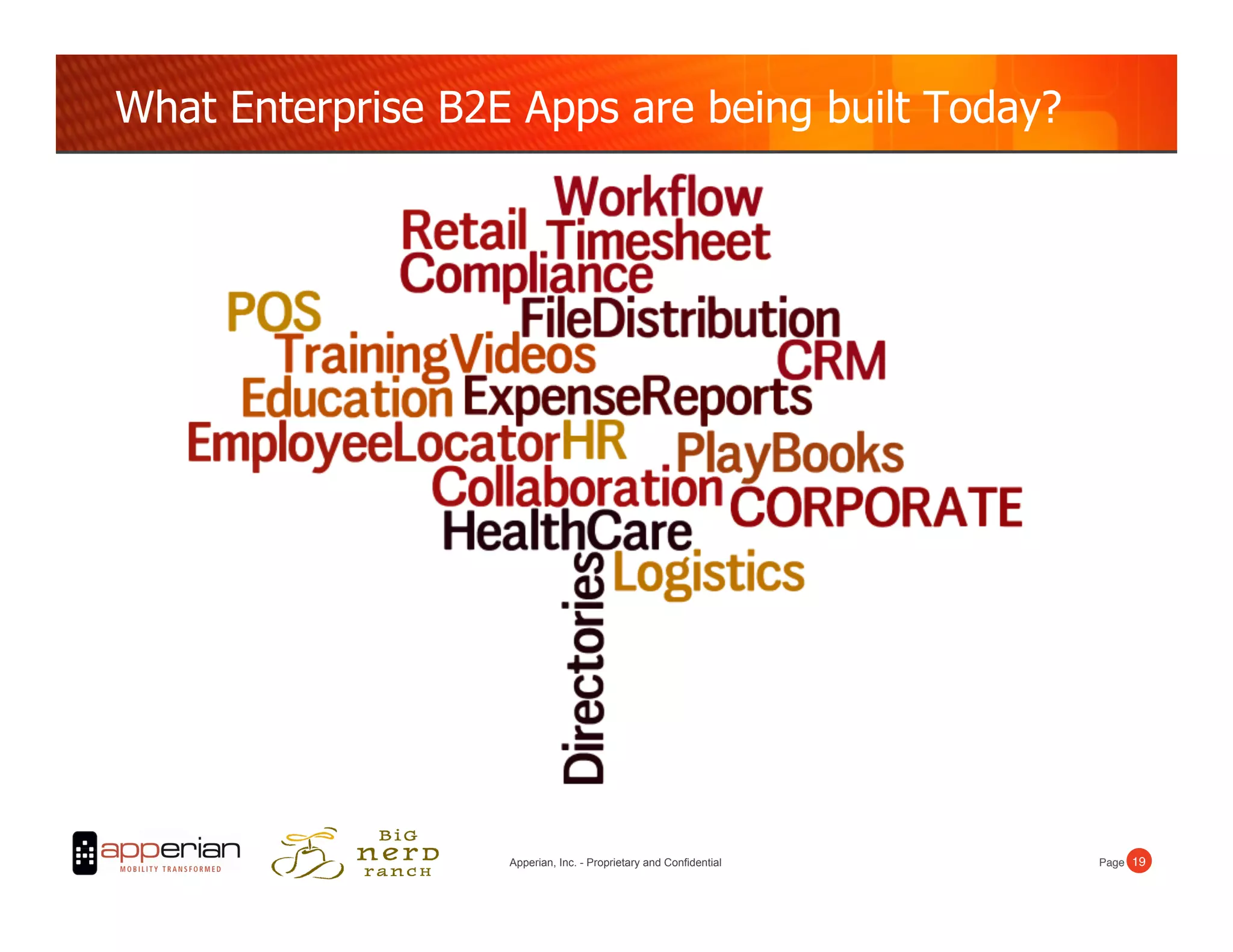 What Enterprise B2E Apps are being built Today?




                   Apperian, Inc. - Proprietary and Confidential   Page! 19!
 