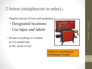 2.Seiton (straighten/set in order)[3]: 
• Organise layout of tools and equipment 
• Designated locations 
• Use tapes and labels 
• Ensure everything is available 
as it is needed and 
at the “point of use” 
14mmcm16 06-11-2014 
12 
A place for everything and 
everything on its place." 
 