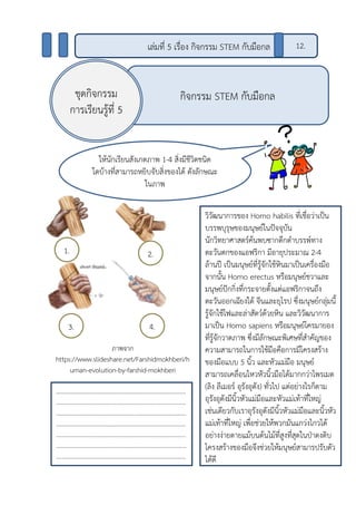 กิจกรรม STEM กับมือกลชุดกิจกรรม
การเรียนรู้ที่ 5
ให้นักเรียนสังเกตภาพ 1-4 สิ่งมีชีวิตชนิด
ใดบ้างที่สามารถหยิบจับสิ่งของได้ ดังลักษณะ
ในภาพ
ภาพจาก
https://www.slideshare.net/Farshidmokhberi/h
uman-evolution-by-farshid-mokhberi
....................................................................................
....................................................................................
....................................................................................
....................................................................................
....................................................................................
....................................................................................
....................................................................................
เล่มที่ 5 เรื่อง กิจกรรม STEM กับมือกล 12.
1. 2.
3. 4.
วิวัฒนาการของ Homo habilis ที่เชื่อว่าเป็น
บรรพบุรุษของมนุษย์ในปัจจุบัน
นักวิทยาศาสตร์ค้นพบซากดึกดาบรรพ์ทาง
ตะวันตกของแอฟริกา มีอายุประมาณ 2-4
ล้านปี เป็นมนุษย์ที่รู้จักใช้หินมาเป็นเครื่องมือ
จากนั้น Homo erectus หรือมนุษย์ชวาและ
มนุษย์ปักกิ่งที่กระจายตั้งแต่แอฟริกาจนถึง
ตะวันออกเฉียงใต้ จีนและยุโรป ซึ่งมนุษย์กลุ่มนี้
รู้จักใช้ไฟและล่าสัตว์ด้วยหิน และวิวัฒนาการ
มาเป็น Homo sapiens หรือมนุษย์โครมายอง
ที่รู้จักวาดภาพ ซึ่งมีลักษณะพิเศษที่สาคัญของ
ความสามารถในการใช้มือคือการมีโครงสร้าง
ของมือแบบ 5 นิ้ว และหัวแม่มือ มนุษย์
สามารถเคลื่อนไหวหัวนิ้วมือได้มากกว่าไพรเมต
(ลิง ลีเมอร์ อุรังอุตัง) ทั่วไป แต่อย่างไรก็ตาม
อุรังอุตังมีนิ้วหัวแม่มือและหัวแม่เท้าที่ใหญ่
เช่นเดียวกับเราอุรังอุตังมีนิ้วหัวแม่มือและนิ้วหัว
แม่เท้าที่ใหญ่ เพื่อช่วยให้พวกมันแกว่งไกวได้
อย่างง่ายดายแม้บนต้นไม้ที่สูงที่สุดในป่าดงดิบ
โครงสร้างของมือจึงช่วยให้มนุษย์สามารปรับตัว
ได้ดี
 