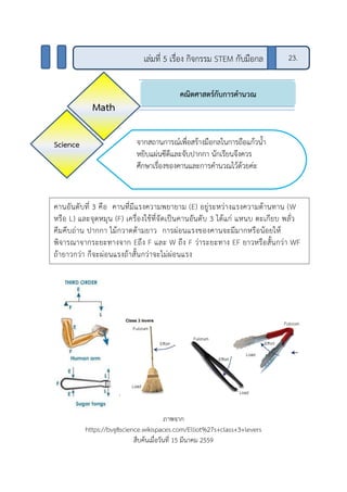 ภาพจาก
https://bvg8science.wikispaces.com/Elliot%27s+class+3+levers
สืบค้นเมื่อวันที่ 15 มีนาคม 2559
เล่มที่ 5 เรื่อง กิจกรรม STEM กับมือกล 23.
คานอันดับที่ 3 คือ คานที่มีแรงความพยายาม (E) อยู่ระหว่างแรงความต้านทาน (W
หรือ L) และจุดหมุน (F) เครื่องใช้ที่จัดเป็นคานอันดับ 3 ได้แก่ แหนบ ตะเกียบ พลั่ว
คีมคีบถ่าน ปากกา ไม้กวาดด้ามยาว การผ่อนแรงของคานจะมีมากหรือน้อยให้
พิจารณาจากระยะทางจาก Eถึง F และ W ถึง F ว่าระยะทาง EF ยาวหรือสั้นกว่า WF
ถ้ายาวกว่า ก็จะผ่อนแรงถ้าสั้นกว่าจะไม่ผ่อนแรง
คณิตศาสตร์กับการคานวณ
จากสถานการณ์เพื่อสร้างมือกลในการถือแก้วน้า
หยิบแผ่นซีดีและจับปากกา นักเรียนจึงควร
ศึกษาเรื่องของคานและการคานวณไว้ด้วยค่ะ
Science
Math
 
