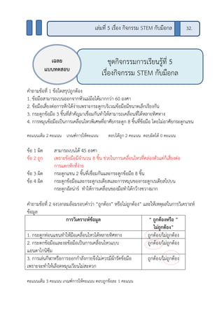 คาถามข้อที่ 1 ข้อใดสรุปถูกต้อง
1. ข้อมือสามารถเบนออกจากหัวแม่มือได้มากกว่า 60 องศา
2. ข้อมือเสี่ยงต่อการหักได้ง่ายเพราะกระดูกบริเวณข้อมือมีขนาดเล็กเรียงกัน
3. กระดูกข้อมือ 3 ชิ้นที่สาคัญมาเชื่อมกันทาให้สามารถเคลื่อนที่ได้หลายทิศทาง
4. การหมุนข้อมือเป็นการเคลื่อนไหวพิเศษที่อาศัยกระดูก 8 ชิ้นที่ข้อมือ โดยไม่อาศัยกระดูกแขน
คะแนนเต็ม 2 คะแนน เกณฑ์การให้คะแนน ตอบได้ถูก 2 คะแนน ตอบผิดได้ 0 คะแนน
ข้อ 1 ผิด สามารถเบนได้ 45 องศา
ข้อ 2 ถูก เพราะข้อมือมีจานวน 8 ชิ้น ช่วยในการเคลื่อนไหวที่คล่องตัวแต่ก็เสี่ยงต่อ
การแตกหักที่ง่าย
ข้อ 3 ผิด กระดูกแขน 2 ชิ้นที่เชื่อมกันและกระดูกข้อมือ 8 ชิ้น
ข้อ 4 ผิด กระดูกข้อมือและกระดูกเรเดียสและการหมุนของกระดูกเรเดียสไปบน
กระดูกอัลน่าร์ ทาให้การเคลื่อนของมือทาได้กว้างขวางมาก
คาถามข้อที่ 2 จงวงกลมล้อมรอบคาว่า “ถูกต้อง” หรือไม่ถูกต้อง” และให้เหตุผลในการวิเคราะห์
ข้อมูล
การวิเคราะห์ข้อมูล “ ถูกต้อง ”หรือ
ไม่ถูกต้อง”
1. กระดูกท่อนแขนทาให้มือเคลื่อนไหวได้หลายทิศทาง ถูกต้อง/ไม่ถูกต้อง
2. กระดกข้อมือและงอข้อมือเป็นการเคลื่อนไหวแบบ
แอนตาโกนิซึม
ถูกต้อง/ไม่ถูกต้อง
3. การเล่นกีฬาหรือการออกกาลังกายจึงไม่ควรมีผ้ารัดข้อมือ
เพราะจะทาให้เลือดหมุนเวียนไม่สะดวก
ถูกต้อง/ไม่ถูกต้อง
คะแนนเต็ม 3 คะแนน เกณฑ์การให้คะแนน ตอบถูกข้อละ 1 คะแนน
ชุดกิจกรรมการเรียนรู้ที่ 5
เรื่องกิจกรรม STEM กับมือกล
เฉลย
แบบทดสอบ
เล่มที่ 5 เรื่อง กิจกรรม STEM กับมือกล 32.
 