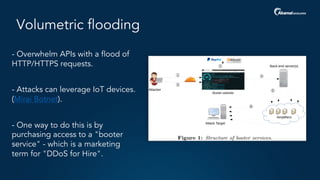 Volumetric flooding
- Overwhelm APIs with a flood of
HTTP/HTTPS requests.
- Attacks can leverage IoT devices.
(Mirai Botnet).
- One way to do this is by
purchasing access to a "booter
service" - which is a marketing
term for "DDoS for Hire".
 